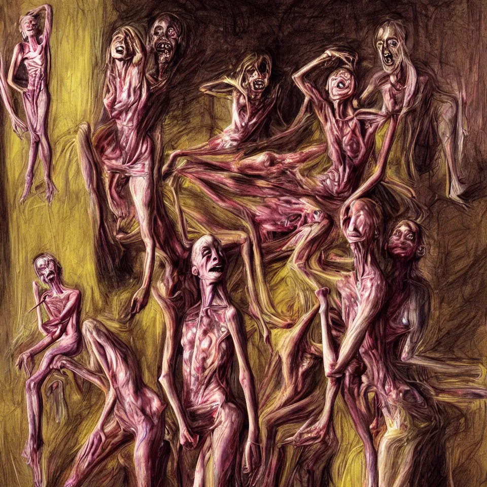 Prompt: bright psychdelic realistic anorexic cult turning into gods and deamons and smiling franticly, old apartment, rotten flesh, diffuse lighting, fantasy, intricate, elegant, highly detailed, lifelike, photorealistic, digital painting, artstation, illustration, concept art, smooth, sharp focus, art by francis bacon and jenny saville