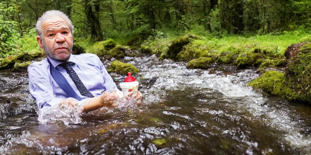 Prompt: alan sugar drinking from a stream the apprentice, 8 k, nature photography