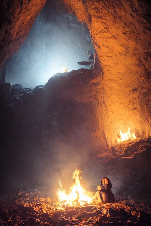 Image similar to A beuatiful women trying to stay warm with a campfire in an icy cave by Greg Rutkowski, beeple, Sung Choi, Mitchell Mohrhauser, Maciej Kuciara, Johnson Ting, Maxim Verehin, Peter Konig, final fantasy, macro lens, 35mm, 8k photorealistic, cinematic lighting, HD, high details, dramatic, dark atmosphere, trending on artstation