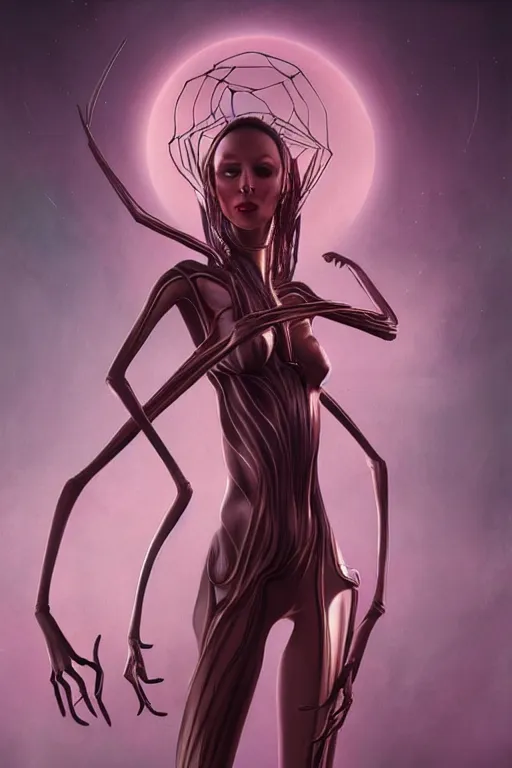 Image similar to portrait of an elegant alien spider queen, long legs, many legs, spindly legs, full body character concept art, by artgerm, tom bagshaw, gerald brom, vaporwave colors, lo - fi colors, vaporwave, lo - fi, 4 k, hd,