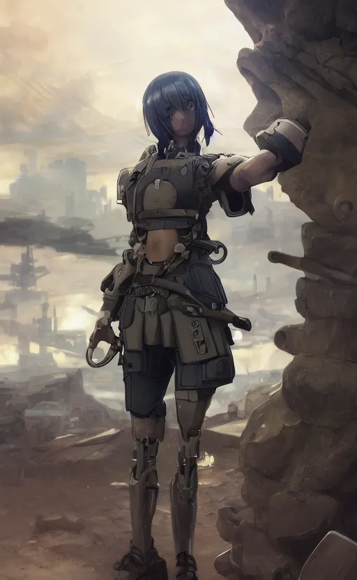 Image similar to panoramic view, a cyborg girl, soldier clothing, battlefield in background, anime style, hair down, symmetrical facial features, realistic hands, from arknights, hyper realistic, 4 k, extreme detail, d & d, trending artstation, safebooru, realistic lighting, by alphonse mucha, greg rutkowski, sharp focus