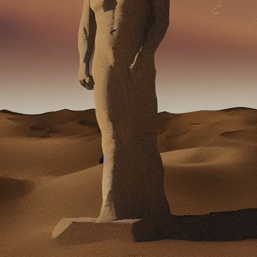 Prompt: ozymandias'statue, drowned in the dunes of the desert, photorealistic