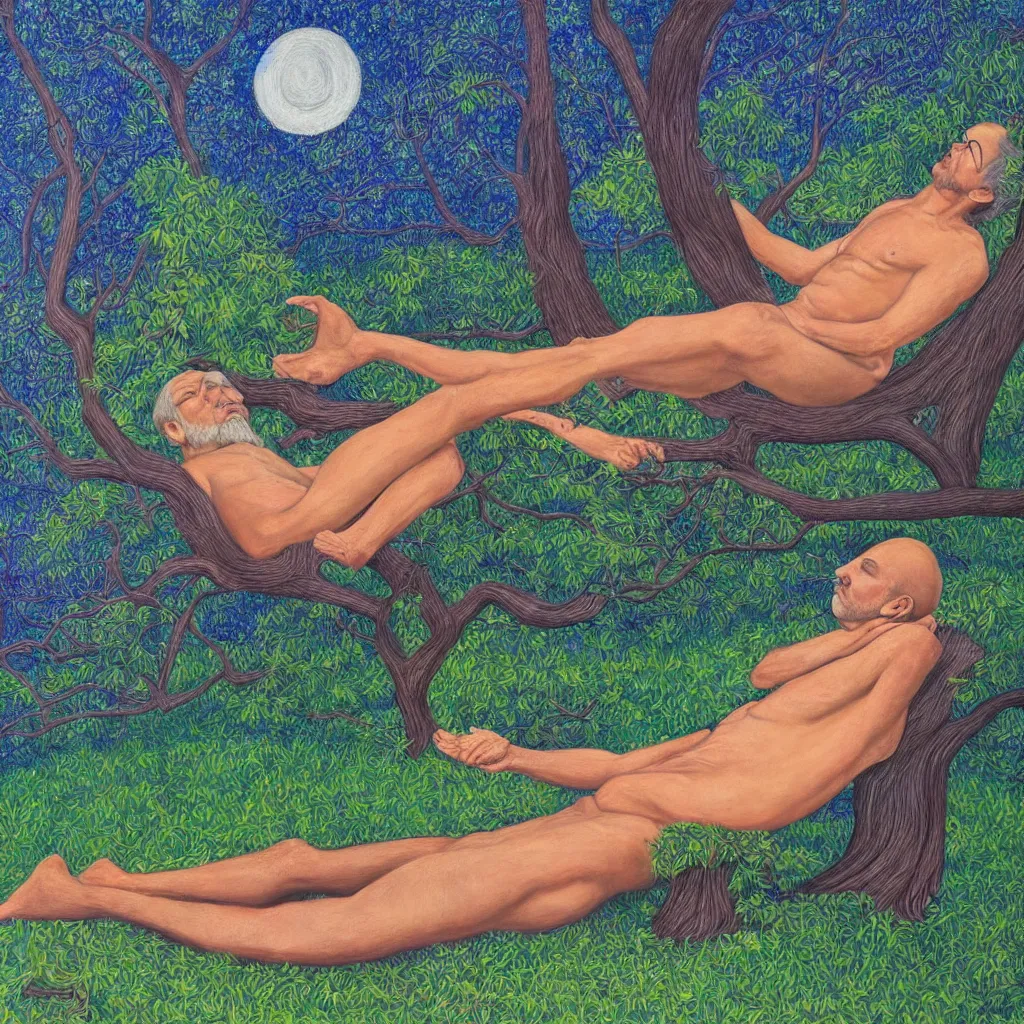 Image similar to painting of a peaceful man relaxing under a tree by alex grey, acrylic art, calm, soothing, cosy, elegant, soft light,