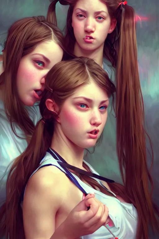 Prompt: three sexy college schoolgirls with pigtails and plaid skirts rolling hard on ecstasy, dilated pupils and glistening with sweat, realistic portrait, highly detailed, digital painting, artstation, concept art, smooth, sharp focus, illustration, cinematic lighting, art by artgerm and greg rutkowski and alphonse mucha