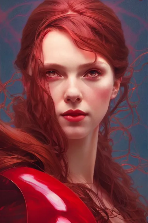 Image similar to Scarlet Witch, fantasy, portrait, sharp focus, intricate, elegant, digital painting, artstation, matte, highly detailed, concept art, illustration, ambient lighting, art by ilya kuvshinov, artgerm, Alphonse mucha, and Greg Rutkowski