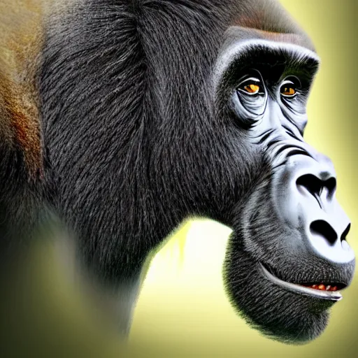 Prompt: head portrait of gorilla horse hybrid, wooded background