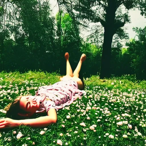 Prompt: girl laying down in the lawn full of flowers that smells like honey amongst forest with her soul connected to the nature around her