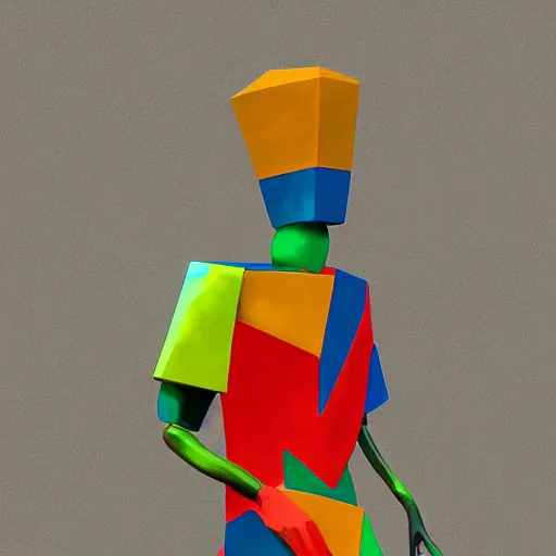 Image similar to statue of man made of many colorful welded metal pieces, 8K, digital art, award winning