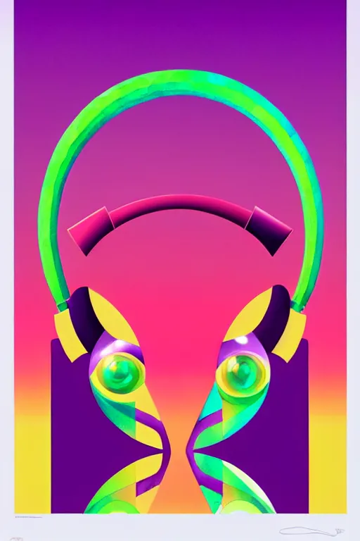 Image similar to chameleon wearing headphones in a smooth color gradient from gold to rose to purple with interlocking triangle polygons, vector blending the shapes, optical illusion diagram hexagon risoprint screenprint serigraph poster art by greg rutkowsky peter morbacher alex grey android jones max chroma