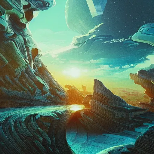 Prompt: Alena Aenami, scifi landscape, hyperrealistic surrealism, award winning masterpiece with incredible details, epic stunning, infinity pool, a surreal vaporwave liminal space, highly detailed, trending on ArtStation, artgerm and greg rutkowski and alphonse mucha, daily deviation, IAMAG, broken giant marble head statue ruins, golden hour