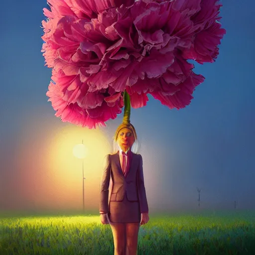 Image similar to giant carnation flower head, frontal, girl in a suit, surreal photography, sunrise, dramatic light, impressionist painting, digital painting, artstation, simon stalenhag