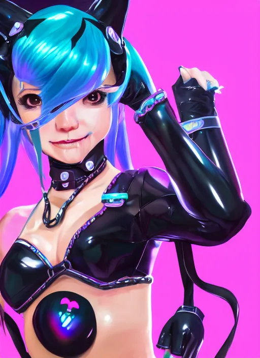Prompt: full body digital artwork of dva overwatch, wearing black iridescent rainbow latex bikini, 4 k, expressive happy smug expression, makeup, in style of mark arian, wearing detailed black leather collar, wearing chains, black leather harness, leather cuffs around wrists, detailed face and eyes,