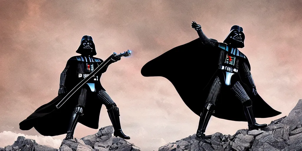 Image similar to Darth Vader playing electric guitar on top of mountain, epic landscape