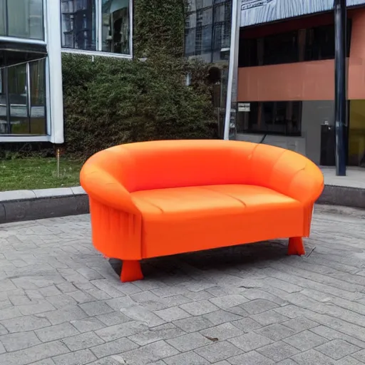 Prompt: a sofa with a traffic cone on top of it