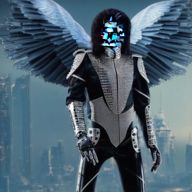 Image similar to beautiful!! futuristic cyberpunk michael jackson angel warrior with ornate slick pearl armor, highly detailed 8 k hdr smooth sharp focus high resolution award - winning photo photorealistic