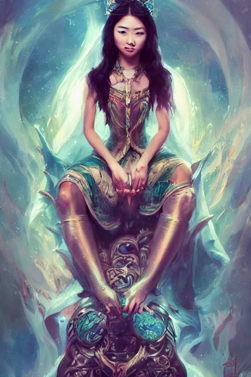 Prompt: portrait of a beautiful young asian woman with shoulder length hair and strong facial bone structure, queen and ruler of the universe, sitting on her throne, men kneeling at her feet, painting by ross tran