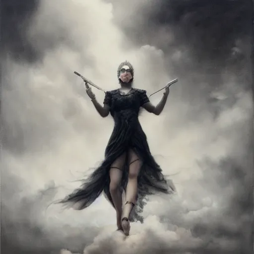 Image similar to By Tom Bagshaw, ultra realist soft painting of a curiosity carnival by night, a beautiful gunslinger in detective wear, symmetry accurate features, very intricate details, ominous sky, black and white, volumetric light clouds