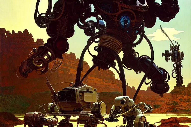 Image similar to natural american landscape | robot repairing another robot, painting by syd mead and weta studio, alphonso mucha, james jean, frank frazetta, highly detailed, rule of third, soft lighting, 8 k resolution, oil on canvas, architectural magazine, beautiful detailed, insanely intricate details, artstation trending, hypermaximalistic, high details, cinematic