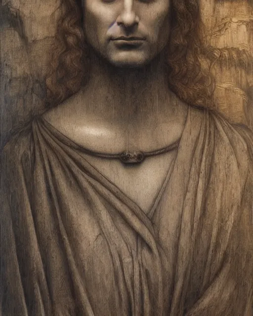 Image similar to matte painting portrait shot, leonardo da vinci large oil painting of cary grant, detailed and intricate by jean delville, marco mazzoni, symbolist, visionary, gothic, pre - raphaelite