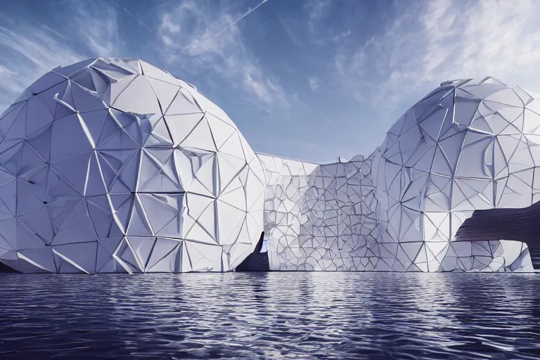 Image similar to the big skum white building formed by the intersection of many white egg shaped spherical spaces, on the calm lake, people's perspective, future, interior wood, marble, award winning, highly detailed 4 - k art, dusk, unreal engine highly rendered, global illumination, radial light, internal environment