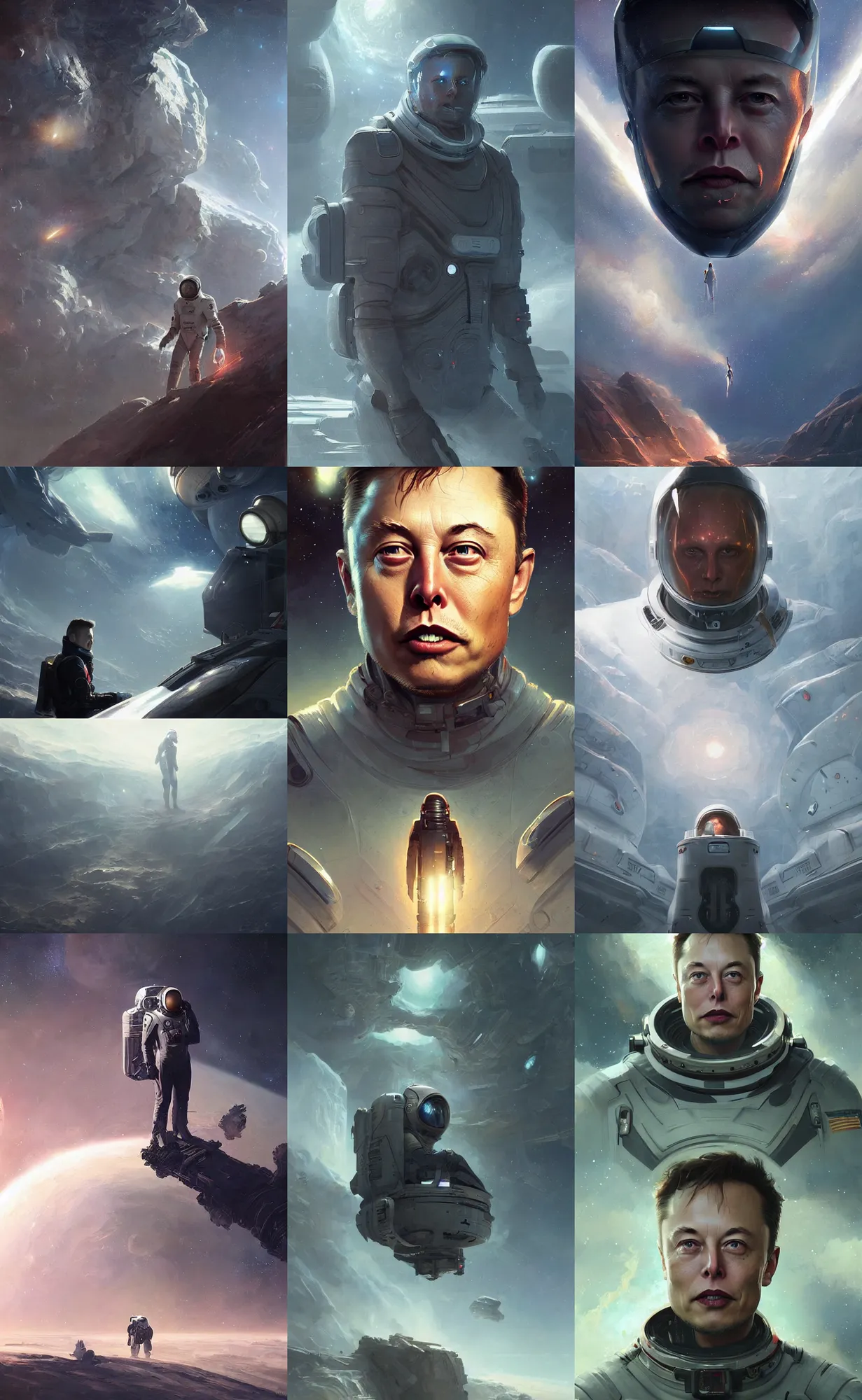 Prompt: elon musk as a space explorer, concept art, detailed face, fantasy, highly detailed, cinematic lighting, digital art painting by greg rutkowski