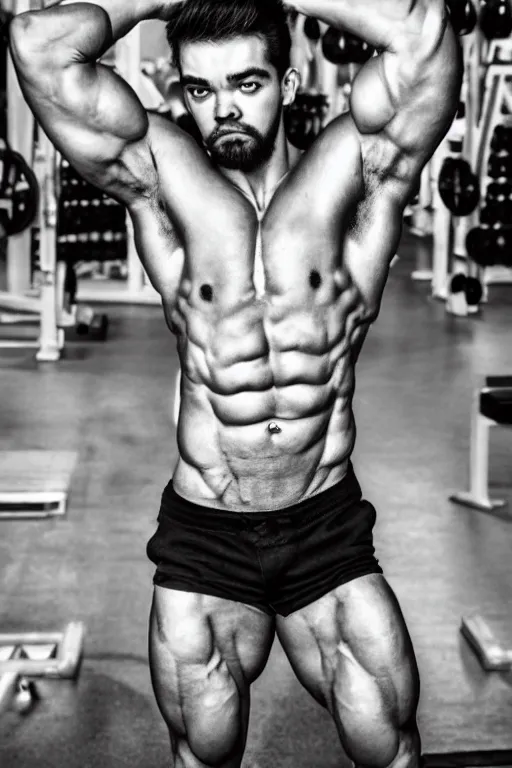Image similar to Jacksepticeye is a jacked muscle builder gigachad, grayscale photography