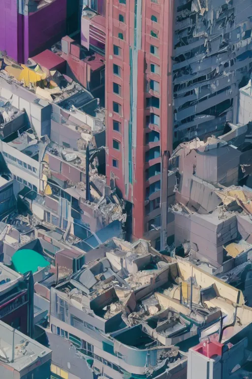 Image similar to ! dream evangelion unit 0 1 pallete, zoom shot, telephoto lens, low aperture street level, buildings collapsed