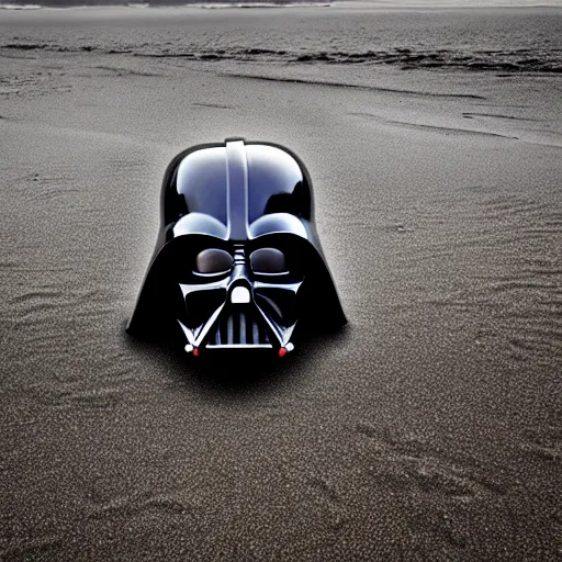 Image similar to darth vader mask laying on an abandoned beach, crabs crawling around, raining, somber