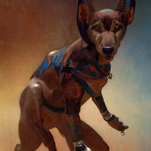 Image similar to anubis as a boxer ready to take on the world champ, 4 k, trending on artstation, by gaston bussiere, craig mullins, artgerm, greg rutkowski, alphonse mucha