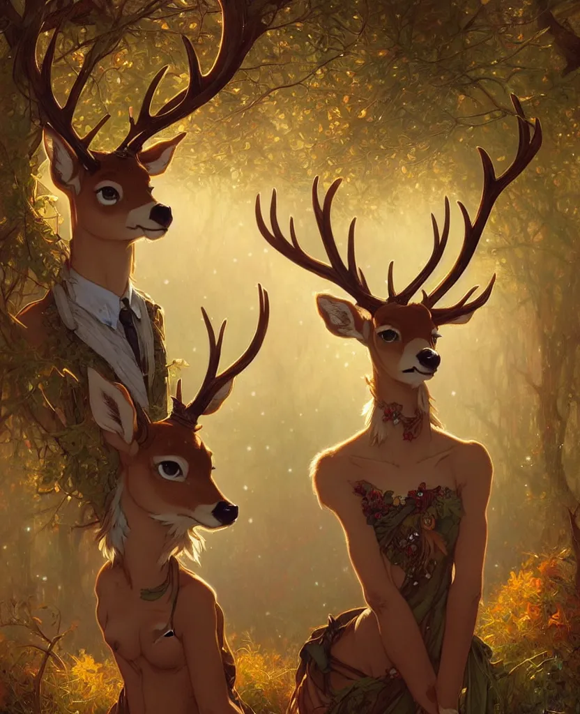 Prompt: anthropomorphic shy and nerdy deer with exquisite antlers. Renowned character illustration by greg rutkowski, thomas kindkade, alphonse mucha, loish, norman rockwell. Warm gradient bokeh background. Trending on FurAffinity.