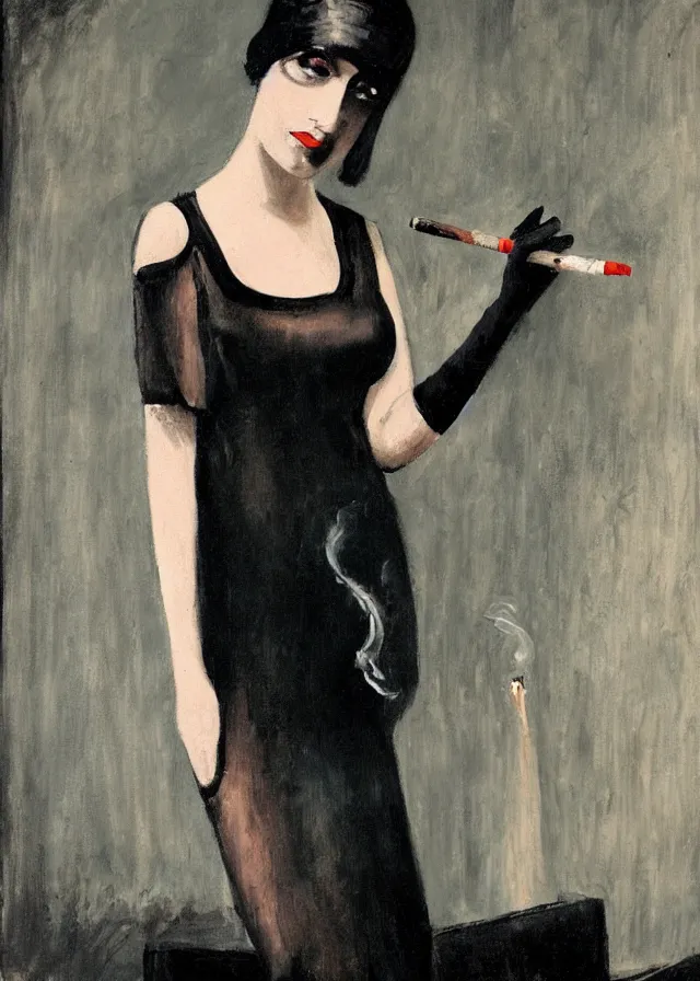 Prompt: realistic painting of a 1 9 2 0 s short - haired flapper woman in black satin gloves holding a long cigarette holder, at a jazz party in a dimly lit speakeasy, circa 1 9 2 4, colored realistic oil painting