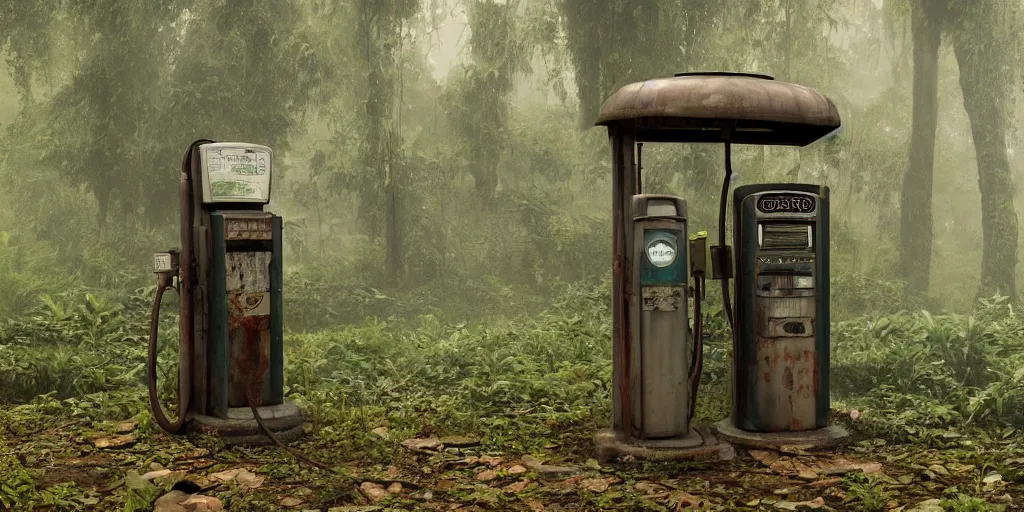 Image similar to old abandoned gas pump somewhere in the rainforest. nature is taking over. matte painting in the style of craig mullins. mist. cinematic. octane render.