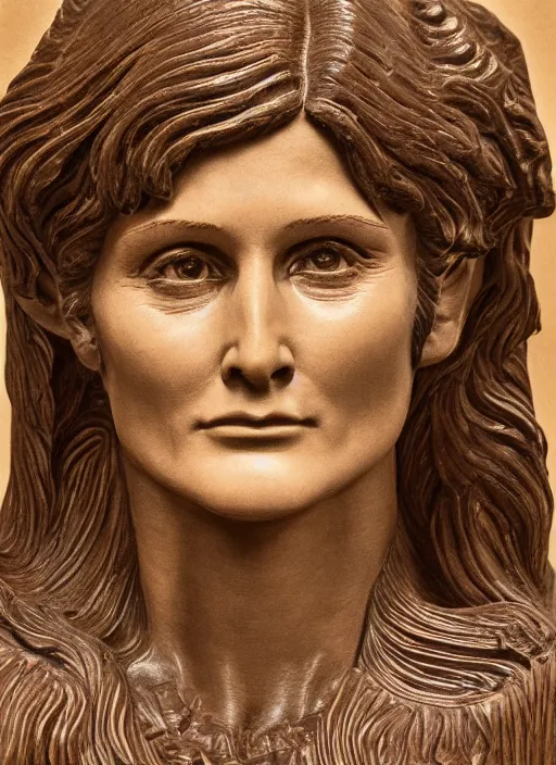 Image similar to high intricate bust of an young margot kidder [ 1 9 7 0 ] from superman movie carved from wood in baroque style, studio light, maria panfilova, andrea savchenko, mike kime, ludovic plouffe, qi sheng luo, oliver cook, trending on artstation