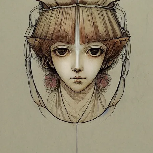 Image similar to prompt: Fragile looking vessel portrait face drawn by Katsuhiro Otomo, inspired by Carlo Dolci, magical and alchemical objects on the side, soft light, white background, intricate detail, intricate ink painting detail, sharp high detail, manga and anime 2000