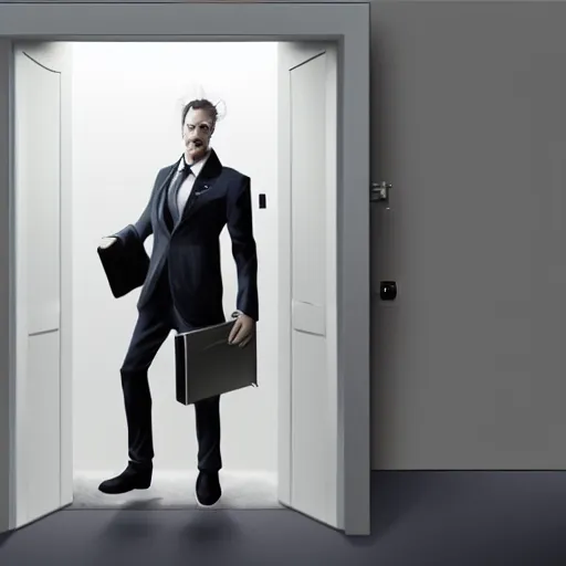 Prompt: a man in a suit holding a briefcase coming out of an door that has an white room in it, Matte painting , detailed painting, greg rutkowski