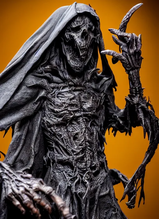 Image similar to photo taken of an epic intricate, ultra detailed, super realistic sculpture of a nightmarish hellish demonic hooded grim reaper sculpture on display in a workshop, created by weta workshop, full body shots, photorealistic, sharp focus, f 0. 4, face centred, macro photography, golden ratio, golden hour