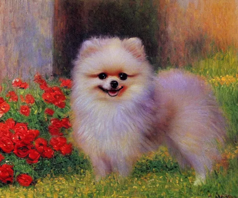 Image similar to pomeranian, cute, monet, oil painting