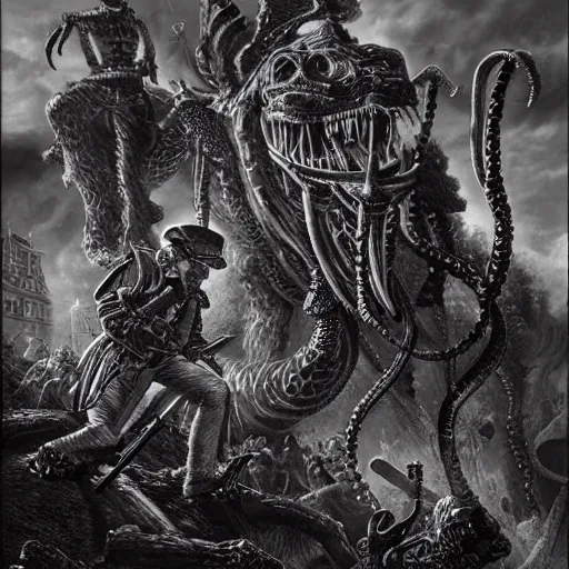 Prompt: Napoleonic grenadiers & gigant Monster, intricate artwork by Alan Moore, François Baranger, eldritch horror, lovecraft, hyperrealism, high detail, black and white, high contrast, depth of field