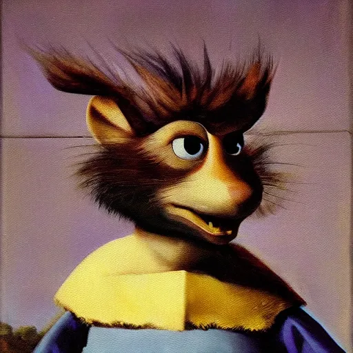Image similar to realistic painting of chuck e. cheese, in the style of johannes vermeer
