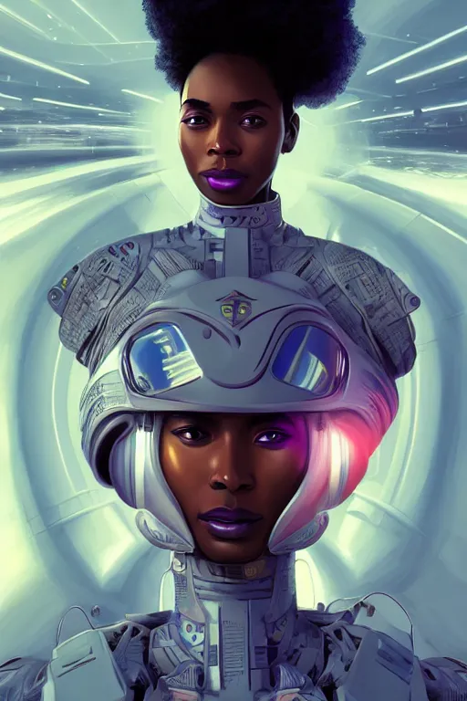 Image similar to portrait futuristic beautiful african Airforce armored pilot Girl, Afro hair, at inside of future fighter aircraft, ssci-fi, fantasy, intricate, very very beautiful, elegant, human anatomy, neon light, highly detailed, digital painting, artstation, concept art, soft light, smooth, sharp focus, illustration, art by tian zi and WLOP and alphonse mucha