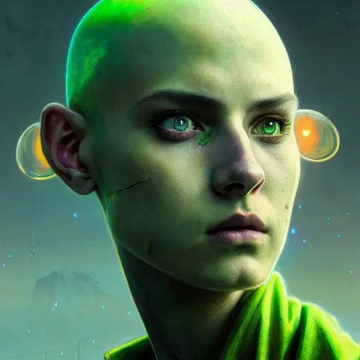 Image similar to portrait painting of a post - apocalyptic bright green haloed bald androgynous teenager with white eyes and green halo, ultra realistic, concept art, intricate details, eerie, highly detailed, photorealistic, octane render, 8 k, unreal engine. art by artgerm and greg rutkowski and charlie bowater and magali villeneuve and alphonse mucha