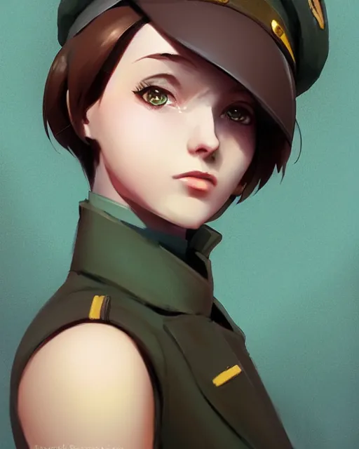 Image similar to portrait bust of young woman with shoulder length light brown hair and hazel eyes dressed in a sharp dark teal military uniform and beret, anime, ilya kuvshinov, greg rutkowski, guweiz, ross tran, loish, svetlana tigai, artgerm, artstation trending, concept art, digital painting