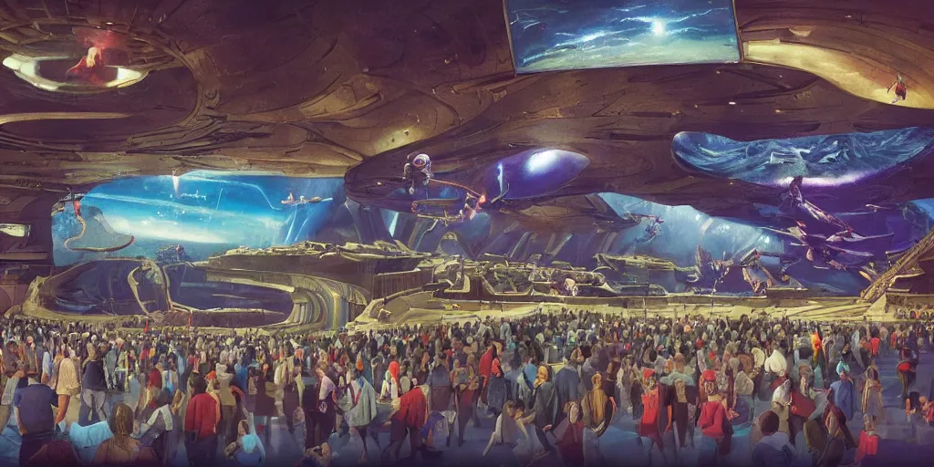 Image similar to choose your own adventure style cinema, multiple screens, astonishingly large cinema hall, detailed concept art, kids flying through the cinema, holodeck futuristic entertainment, theatre by moebius, amphitheatre crowd, incredible masterpiece