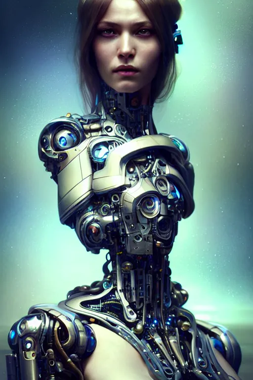 Prompt: an ultra realistic beautiful cyborg woman with eyes-closed, sci-fi, cyberpunk, intricate details, elegant, highly detailed, photorealistic, digital painting, octane render, concept art, eerie, 8k, art by artgerm and craig mullin and alphonse mucha and moebius and paolo roversi and greg rutkowski