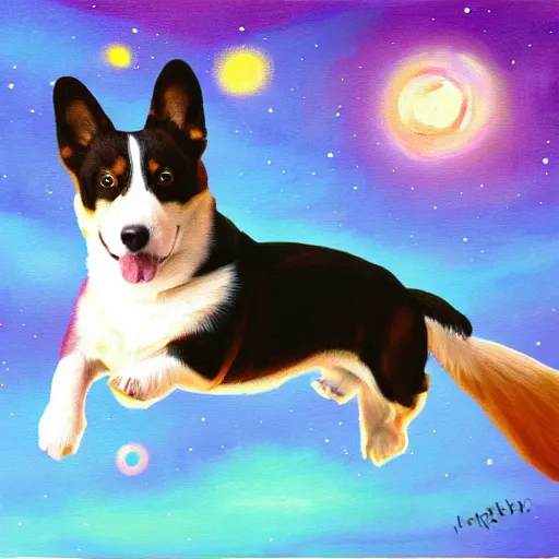 Prompt: corgy dog flying through cosmos, painting