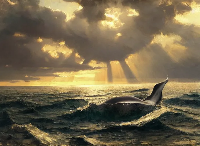 Image similar to oil painting of whale roaming the ocean in dawn by anders zorn, wonderful art by greg rutkowski, incredible lighting, shadows, beautiful cinematic light, american romanticism by greg manchess, tall rocky mountains and storm clouds, sun rays, sunshine, bright sunny summer day, tall backlit waves, wild water, reflections