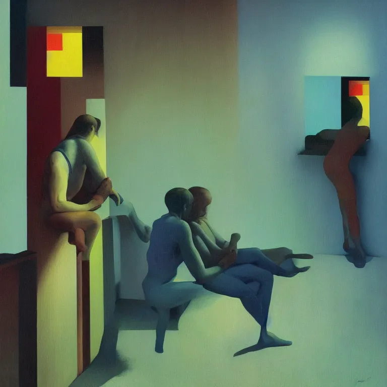 Image similar to portrait rainbow people, Edward Hopper and James Gilleard, Zdzislaw Beksinski, highly detailed