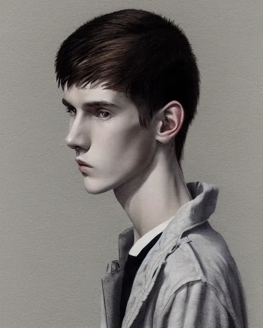 Prompt: portrait of 1 5 - year - old boy, a tall, slender boy with a pale, pointed face, white - blond hair, cold grey eyes, a pale complexion with sharp and pointed features, hyper realistic face, beautiful eyes, fantasy art, in the style of greg rutkowski, intricate, hyper detailed, smooth