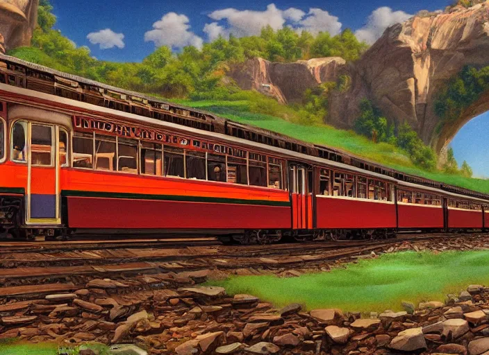 Image similar to 🚃🚇🚂🚊, lowbrow, matte painting, 3 - d highly detailed, in the style of,