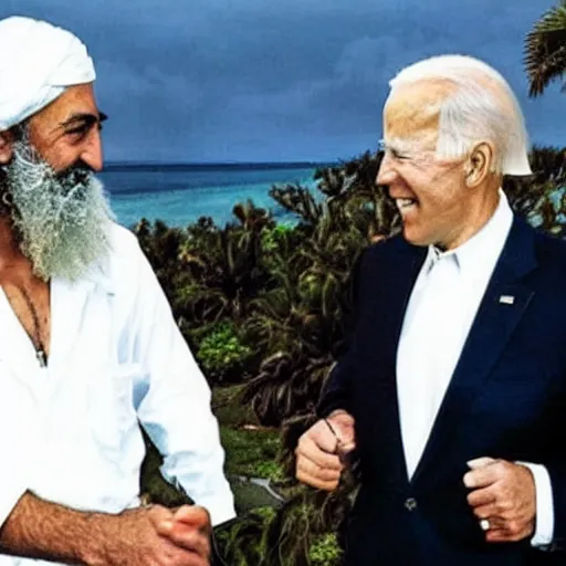 Image similar to ultra realistic candid photograph from osama bin laden with joe biden in bahamas, intricate details, face details